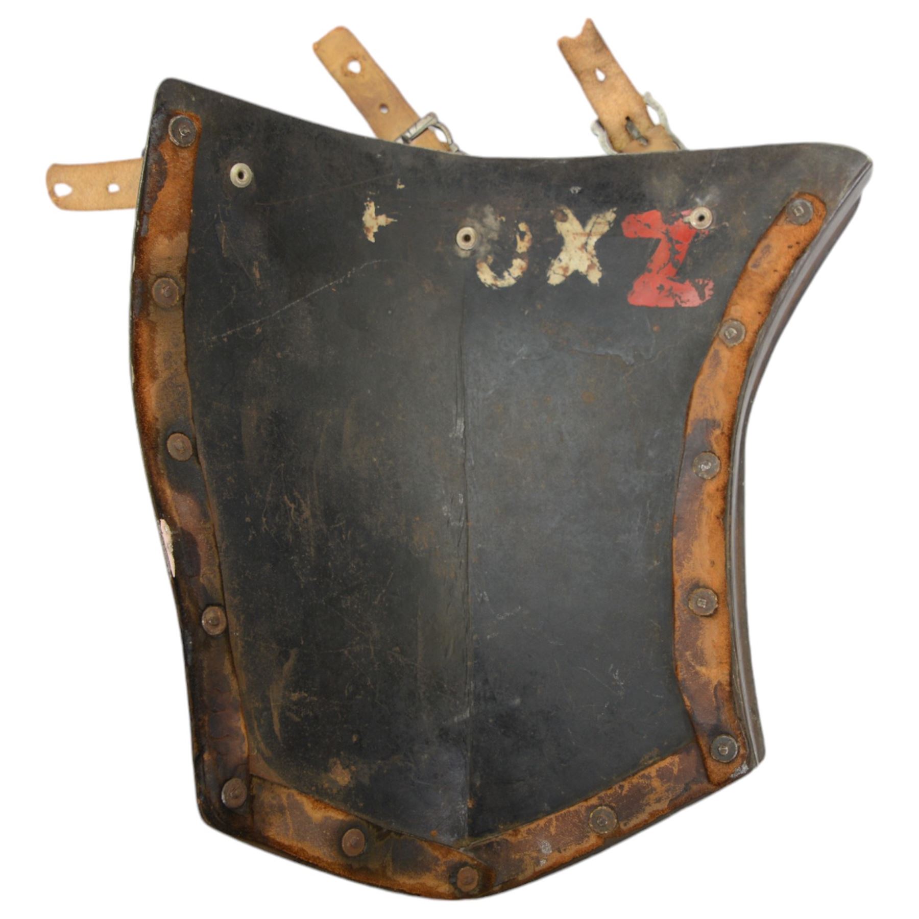 20th Century replica of a continental Cuirass body armour, comprising of breastplate and two leg guards with leather straps