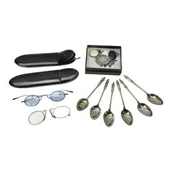 Pair of gold plated spectacles, four other pairs and two lacquered spectacle cases, together with set of six EPNS apostle spoons, silver brooch, silver and abalone earrings and brooch and a rolled gold glazed locket