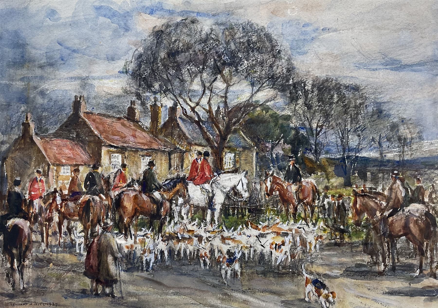 Rowland Henry Hill (Staithes Group 1873-1952): 'Goathland Hounds at Lythe', watercolour and gouache signed and dated 1937, original title label verso 26cm x 36cm