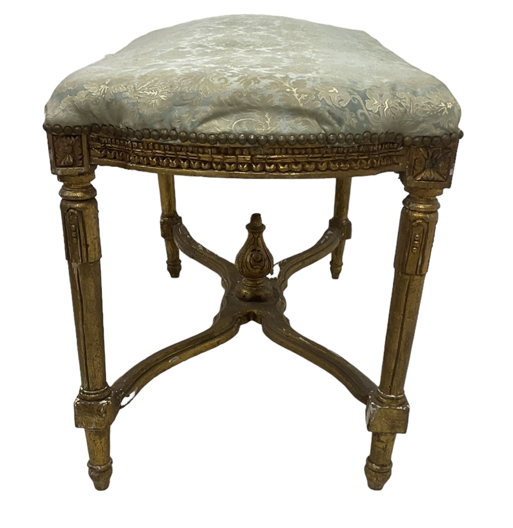 French Louis XIV design giltwood framed bench or window seat, sprung seat upholstered in pale blue foliate damask fabric with studwork border, raised on gesso moulded and carved tapering supports united by curved X-stretcher, with central acanthus carved finial