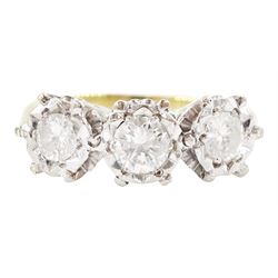 18ct gold three stone round brilliant cut diamond ring, total diamond weight approx 0.70 carat