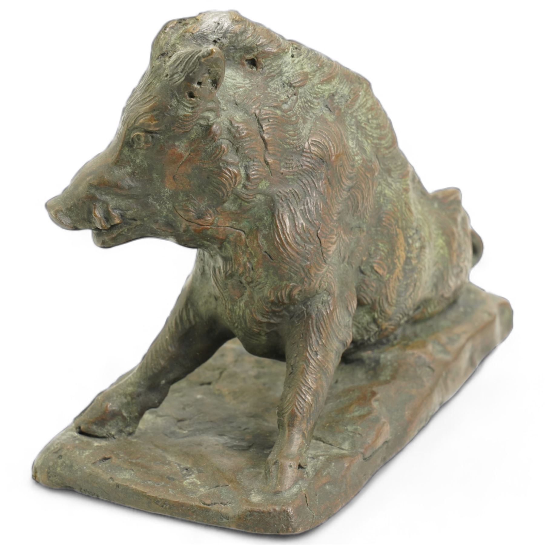 After Alphonse Giroux, patinated bronze inkstand, in the form of an Arab, with hinged headdress, H11cm together with a patinated bronze model of a recumbent boar, L13cm (2)