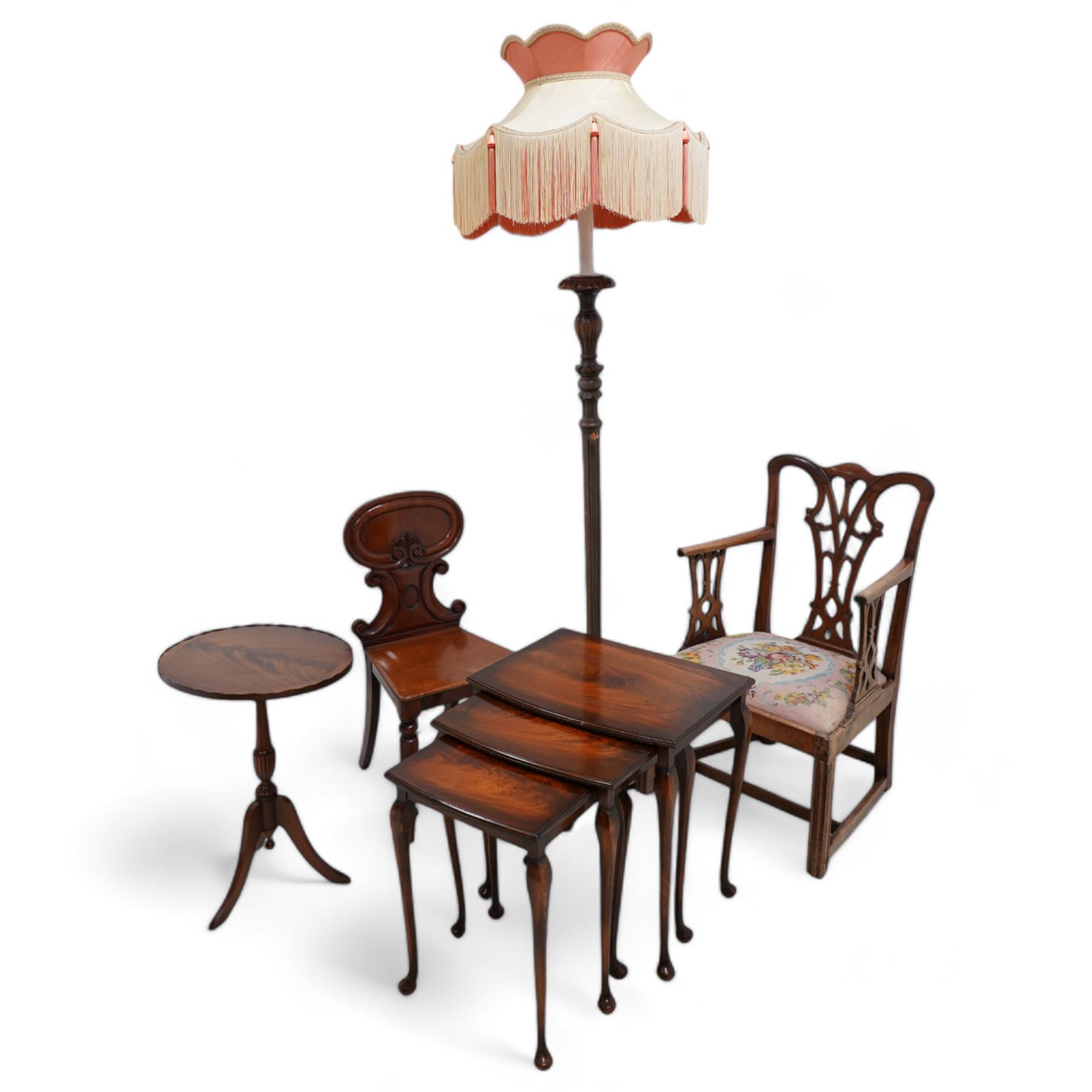 Victorian mahogany hall chair (W39cm, H80cm); 20th century standard lamp with shade; 19th century Gothic elbow chair; nest of three tables; oval wine table (5)