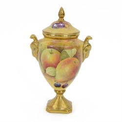 Coalport pedestal vase and cover, of urn form hand painted with fruit with gilt detail, si...