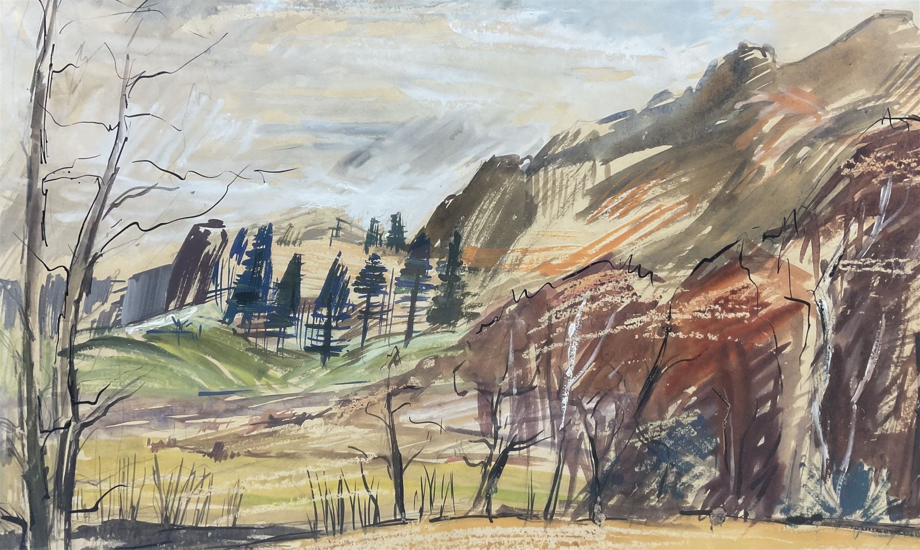 Marjorie Arnfield MBE (Northern British 1930-2001): 'March Landscape', mixed media unsigned, titled verso, together with two signed prints by the same artist 29cm x 47cm (3)