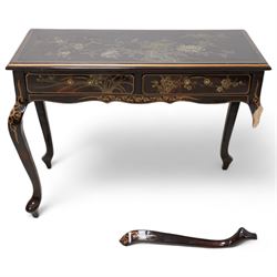 Chinese chinoiserie lacquered side table, fitted with two drawers, on cabriole supports, decorated with painted and gilt floral scenes