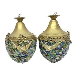 Two 20th century brass and murano glass pendent lanterns, each lantern is decorated with individual multi-coloured glass flowers, suspended from brass cover with floral swags, H40cm