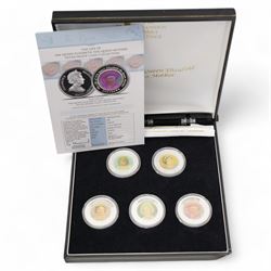 Six silver coins or sets, comprising 1999 'Diana' five pounds, Nightingale Island 2005 'The Life of HM Queen Elizabeth The Queen Mother' five coin set, Tristan Da Cunha 2006 five pounds, Cook Islands 2007 'The Diamond Wedding' coin pair, 2011 one ounce fine silver Britannia and 2012 one ounce fine silver Britannia, all cased or on cards