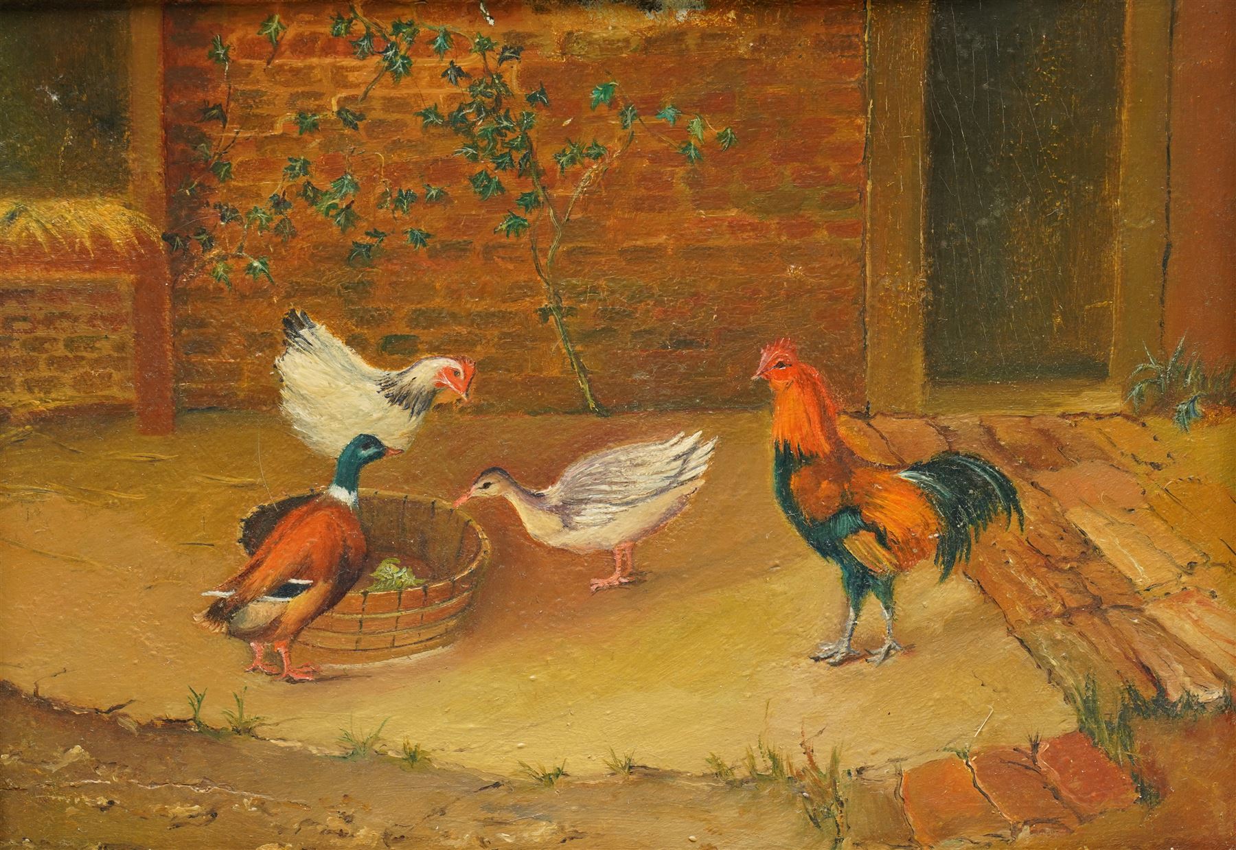 English Naive School (Early 20th century): Chickens and Fowl in the Farmyard, oil on canvas signed 'W Hunt' 21cm x 29cm