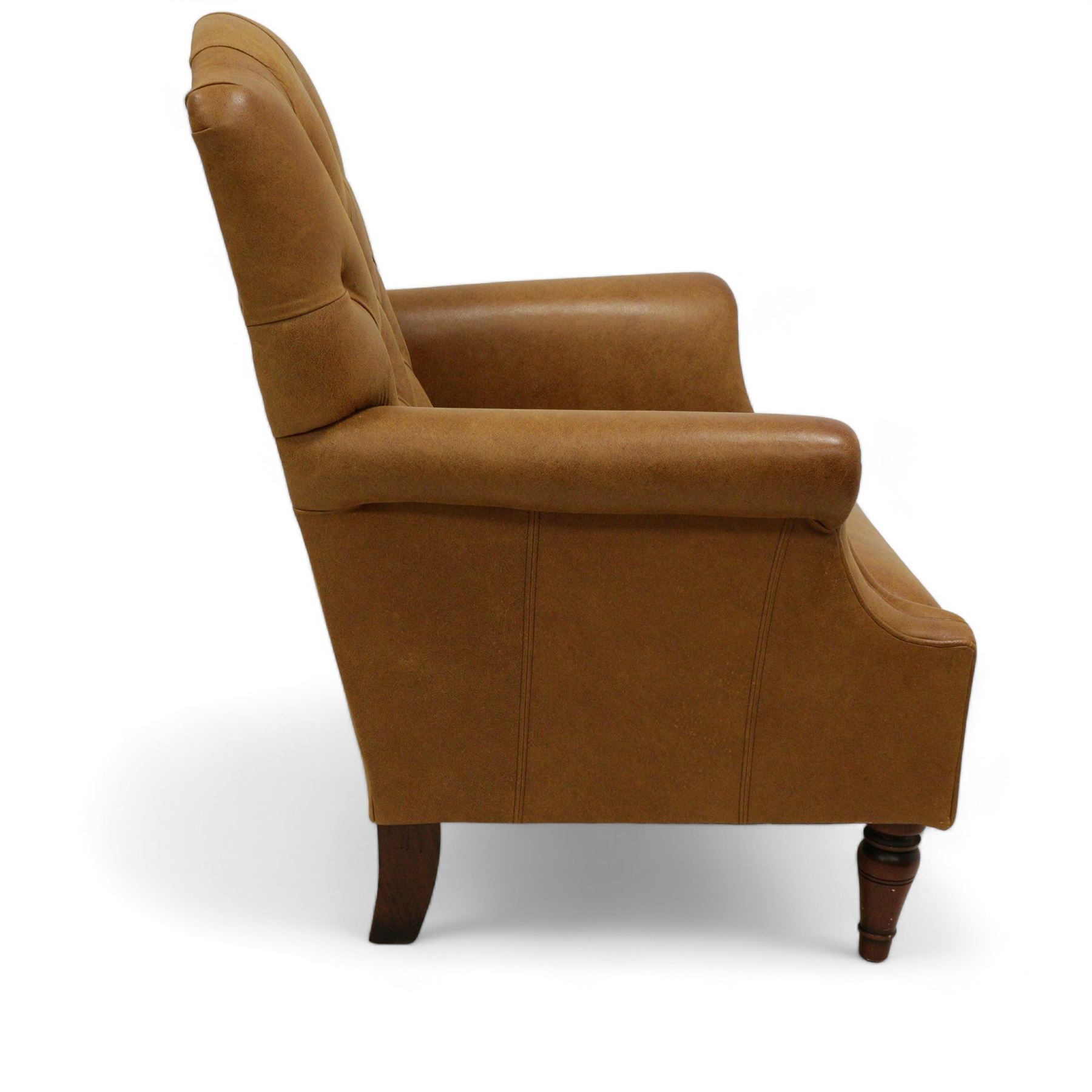 Laura Ashley Lancaster Georgian design armchair, upholstered in buttoned Colorado tanleather, with matching footstool