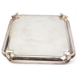 Silver square salver with reeded edge, indented corners and shaped feet 20cm Sheffield 1965 Maker C J Vander Ltd