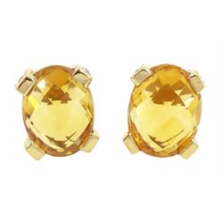 Pair of 14ct gold citrine and diamond stud earrings, oval briolite cut citrines, each claw set with two round brilliant cut diamonds, stamped 585