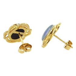 Pair of 18ct gold opal triple stud earrings, stamped