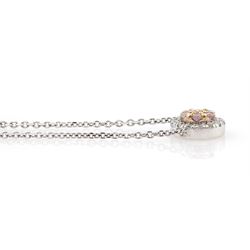 18ct white gold round brilliant cut fancy pink and white diamond cluster pendant necklace, hallmarked