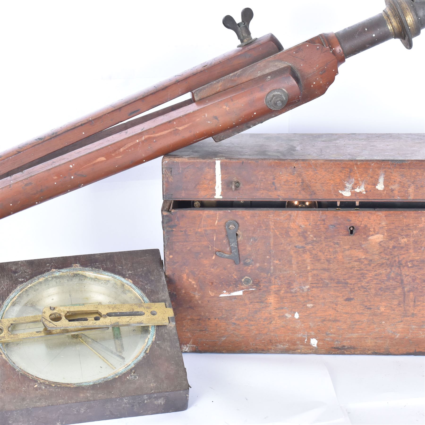 19th century mahogany surveyors compass, with silvered dial, upon a mahogany tripod, together with a surveyors dumpy level, in fitted mahogany box, compass on tripod H110cm