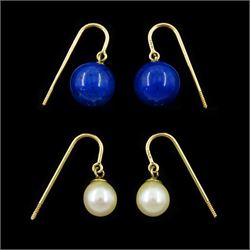 Pair of 14ct gold lapis lazuli pendant earrings and pair of 14ct gold cultured white / cre...