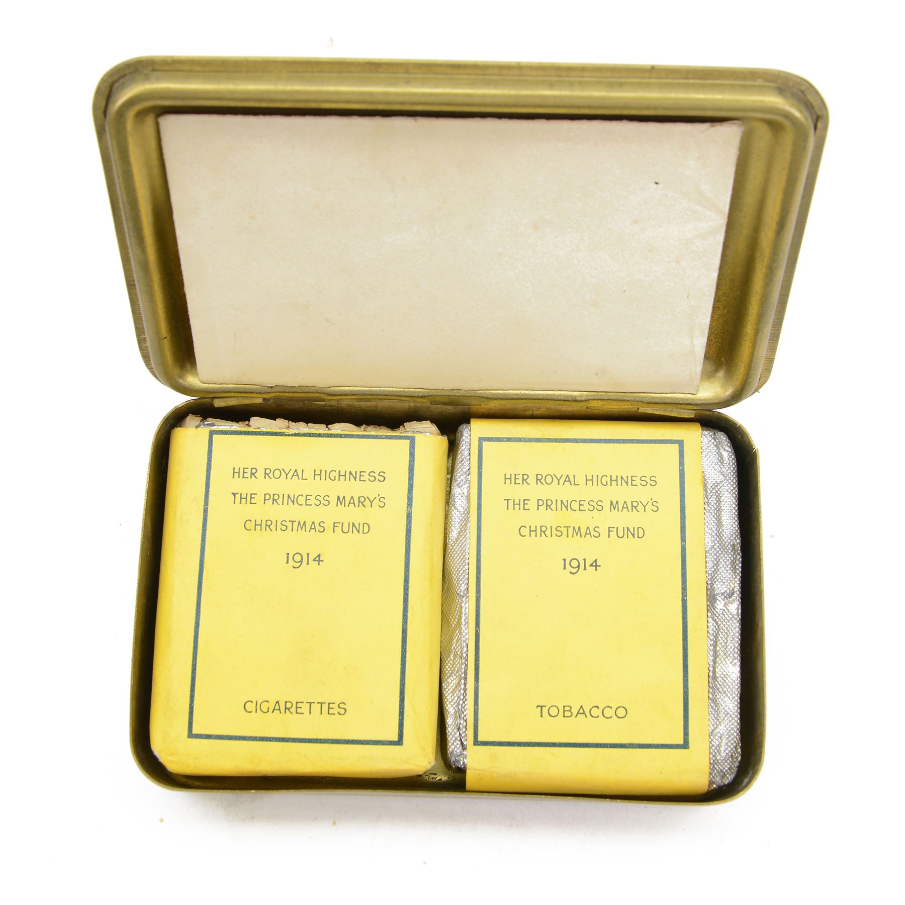 WWI 1914 Princess Mary Gift Tin, complete with original packet of tobacco and cigarettes, 1914 Christmas card, together with a large collection of letters written to Miss Oxbury of Scarbrough during WWI  