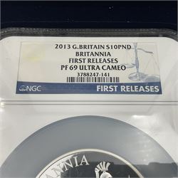 The Royal Mint United Kingdom 2013 'Britannia First Strike' five ounce fine silver proof coin, encapsulated and graded by NGC 'First Releases PF 69 Ultra Cameo', cased with certificates