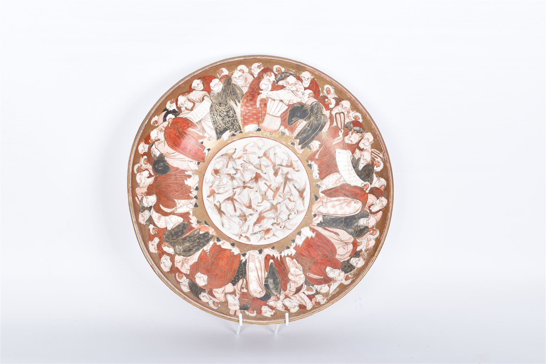 Japanese Meiji period Kutani 'Thousand Faces' charger, decorated with figures surrounding a central circular panel containing birds in flight, with character mark beneath, D33.5cm