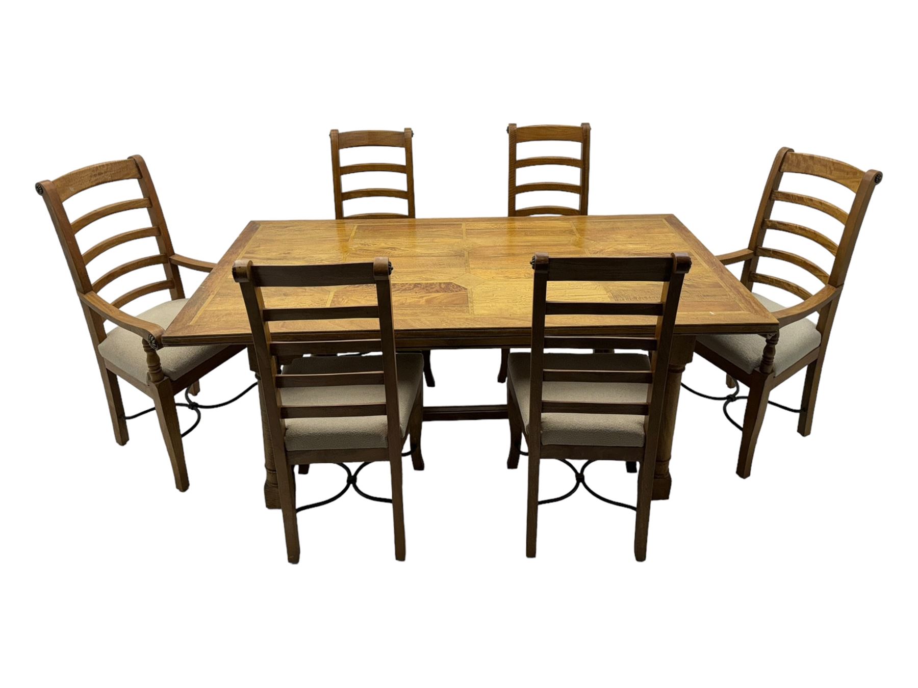 Barker & Stonehouse 'Flagstone' range mango wood dining table, fluted rectangular top with marquetry inlay, raised on turned supports connected by fluted H-stretcher; six (4+2) slatted-back chairs with beige upholstered seats H112cm 