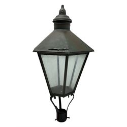 Victorian design six glass lantern, hexagonal tapered from with finial, scrolled lower supports on bracket