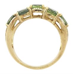 9ct gold three row oval cut green sapphire and diamond ring, hallmarked