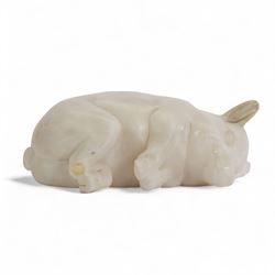 Alabaster figure, carved as a sleeping piglet, H8cm L21cm