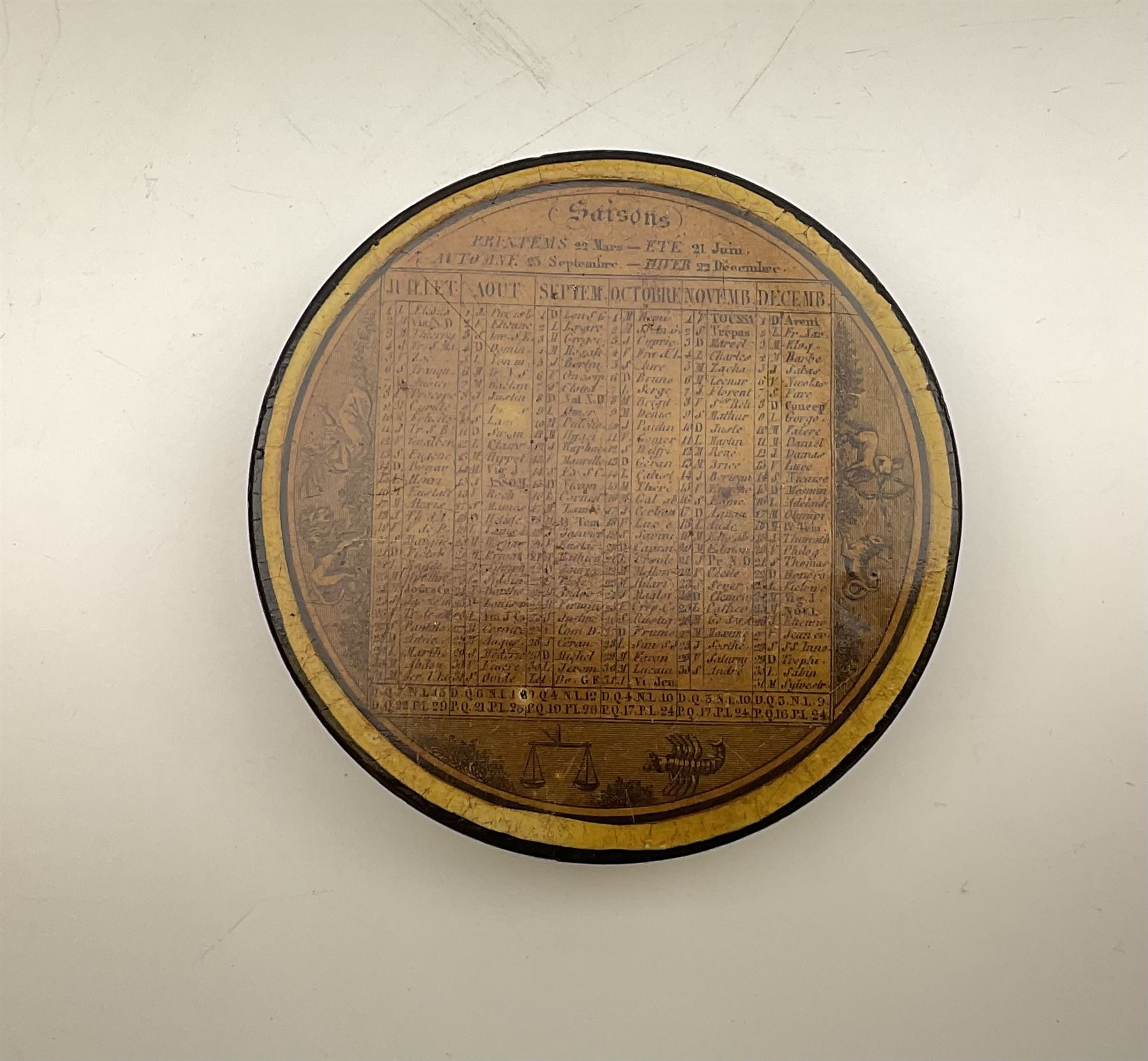 Two 19th century French papier-mâché snuff boxes, each of circular form decorated with the French calendar and detailed 'Calendrier pour l'an 1839' and 'Calendrier pour l'annee 1844' to top and ''Saisons' to base, further detailed with the months, days and additional notations alongside symbols from the zodiac, larger example D9.5cm, smaller example D8.5cm