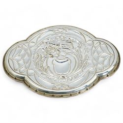 Edwardian Art Nouveau silver dressing table tray of lobed oval design with embossed decoration and cartouche W31cm Birmingham 1907 Maker William Adams Ltd 