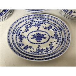 Mintons Delft blue and white dinner wares, to include three graduating oval platters, six dinner plates, six dessert plates and six side plates, tureen with cover and two sauce boats