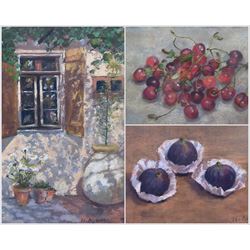 Nancy Agnew (British 20th century): Still Life of Cherries and Figs and Cottage Scene, set three pastels signed max 24cm x 19cm (3)