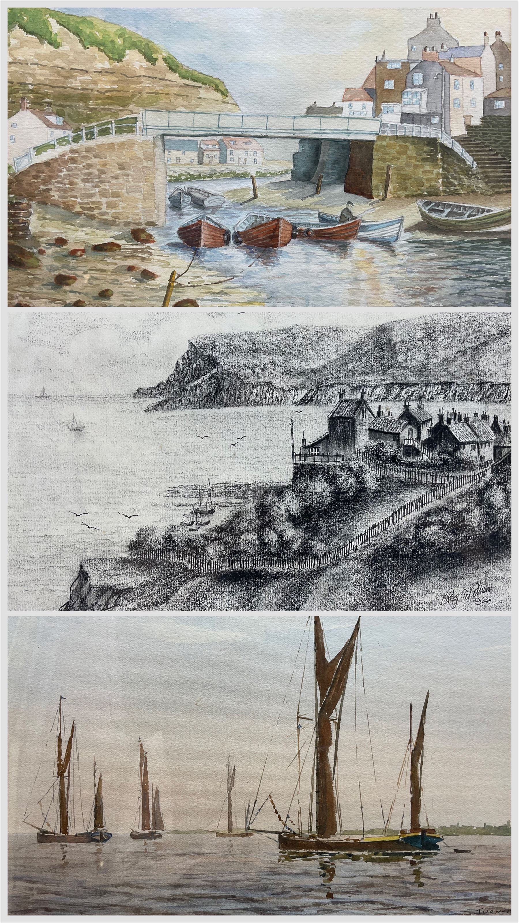 F Preston (British 20th Century): 'Staithes - The Beck', watercolour signed, titled and dated 1977 verso 17cm x 37cm; Roy Williams (British 20th Century): 'Robin Hood's Bay', charcoal signed and dated '92, 21cm x 30cm; together with a watercolour of barges signed 'Turner' (3)