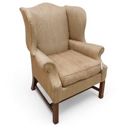 Georgian design wingback armchair, upholstered in brown herringbone fabric, on square moul...