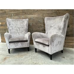 2 x Wing back armchair upholstered in silver crushed velvet fabric