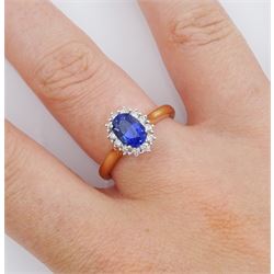 18ct rose gold oval cut sapphire and round brilliant cut diamond cluster ring, hallmarked, sapphire approx 1.25 carat