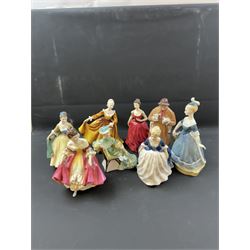 Eight Royal Doulton figures, including Lambing Time, Innocence, Ascot, Alison etc 