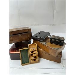 Group of wooden boxes and tins, including oak two compartment cigarette box, money tins, inlaid tea caddy, etc