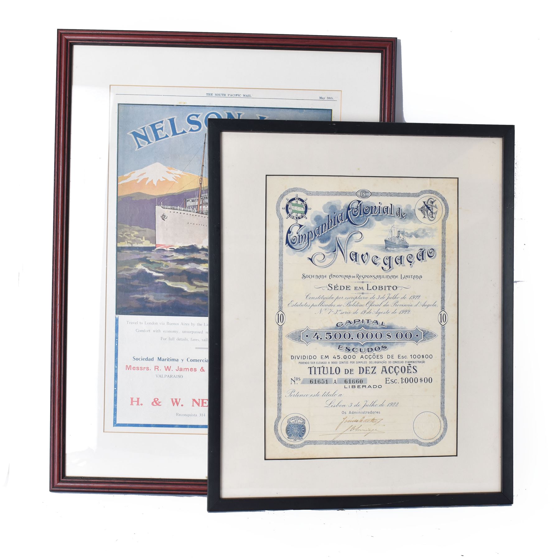 Nelson Line, 'Highland Monarch' advertising poster, together with a 1920s share certificate for Companhia Colonial de Navegacoa, both framed, tallest H47cm