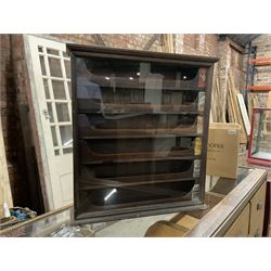 Early 20th stained pine and glazed wall mounting cigarette shop display cabinet, fitted with six sliding drawers with divisions and scalloped handles  - THIS LOT IS TO BE COLLECTED BY APPOINTMENT FROM THE OLD BUFFER DEPOT, MELBOURNE PLACE, SOWERBY, THIRSK, YO7 1QY