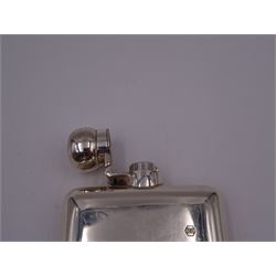 Modern silver hip flask, of typical form with hinged cap, the body with personal engraving, hallmarked Carr's of Sheffield Ltd, Sheffield 2005, H12.5cm