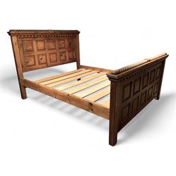 Pine 5' King-size bedstead, panelled head and footboard with rope twist split columns 