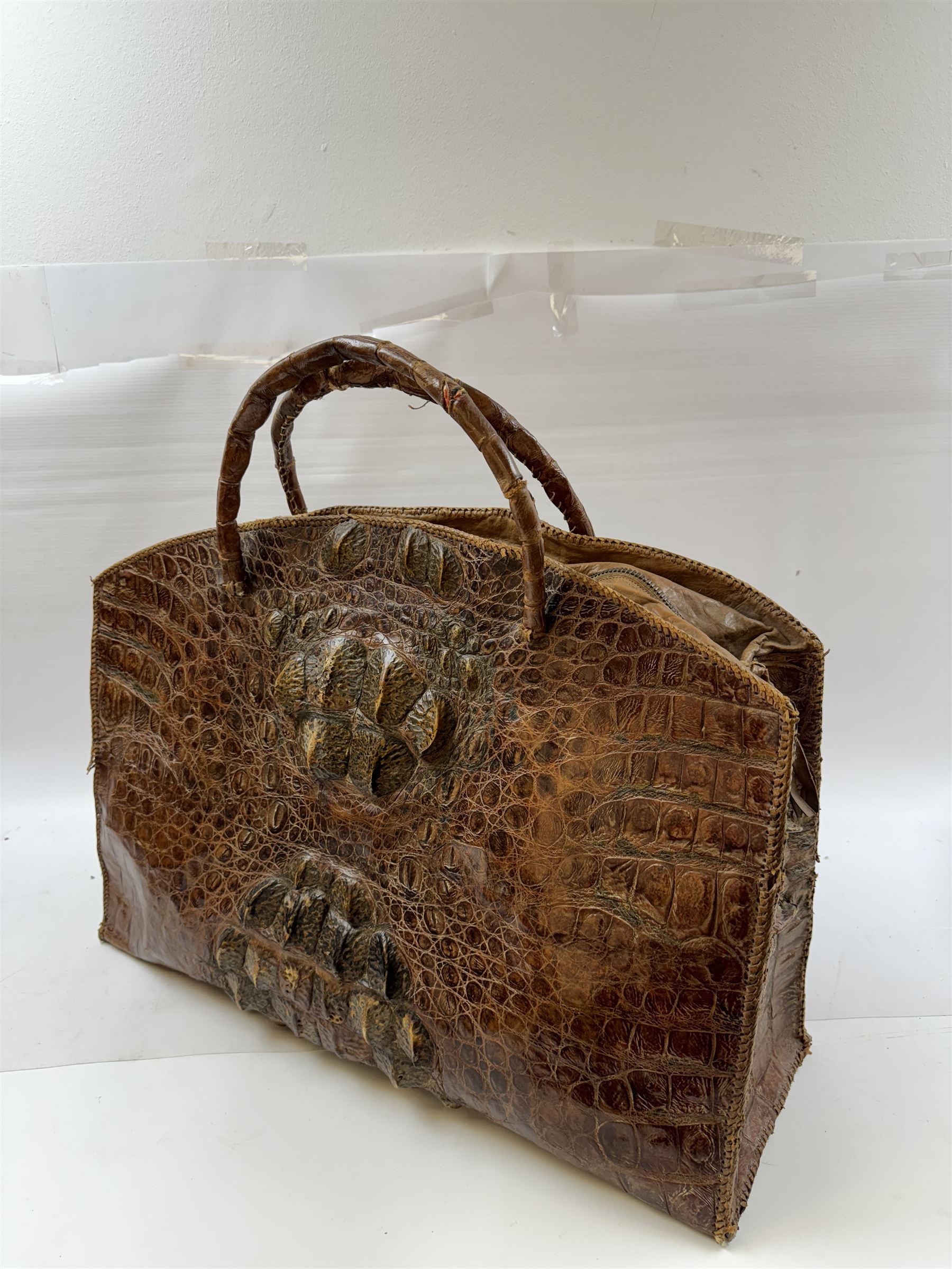 Large twin handled crocodile skin bag, with zippable compartment, H39cm 