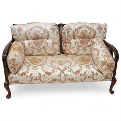 Early 20th century bergere lounge suite - two-seat sofa (W140cm, H80cm, D72cm); and pair of armchairs (W64cm); together with footstool, upholstered in floral fabric