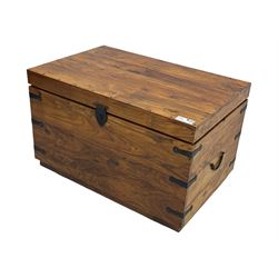 Hardwood and metal bound chest, enclosed by hinged lid, fitted with metal carrying handles