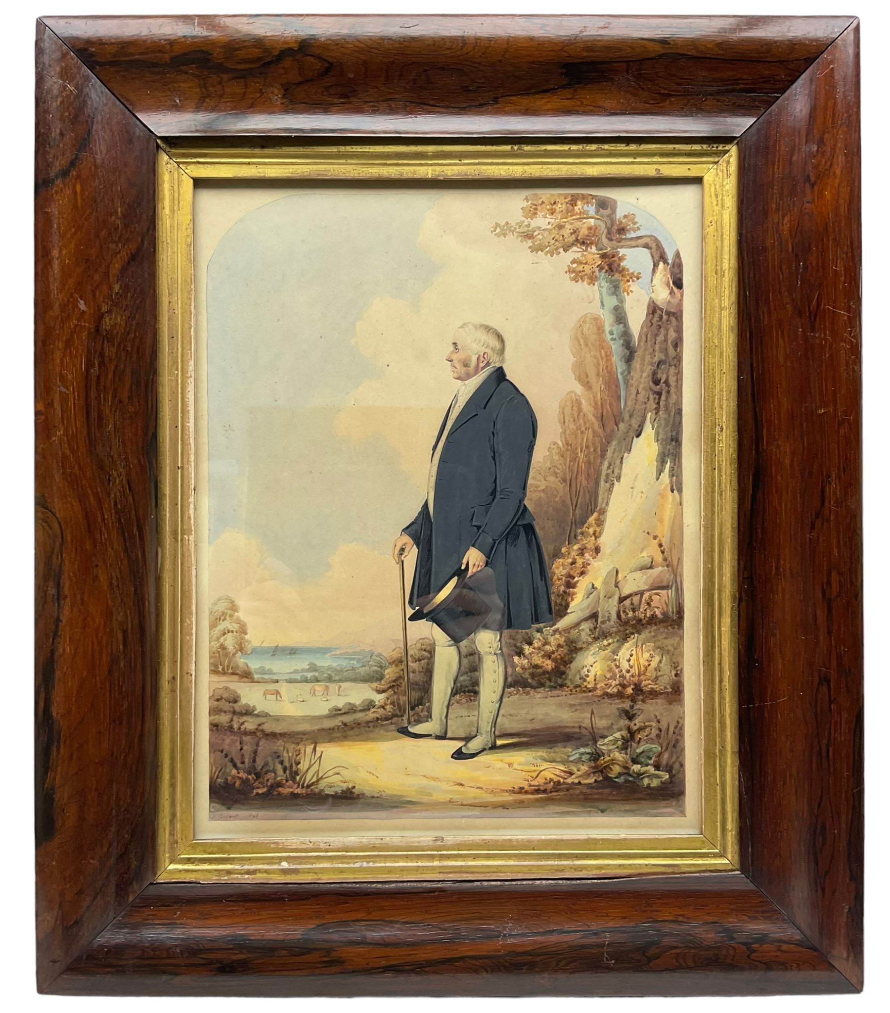 H Gilbert (British Mid-19th century): Full Length Portrait of a Wealthy Lady and Gentleman with the Solent Behind, pair watercolours signed and dated 1843, in matching rosewood frames 34cm x 26cm (2)