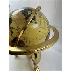 Polished gemstone terrestrial globe on gilt metal stand, H47cm