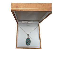 Silver turquoise and marcasite floral pendant necklace, boxed 