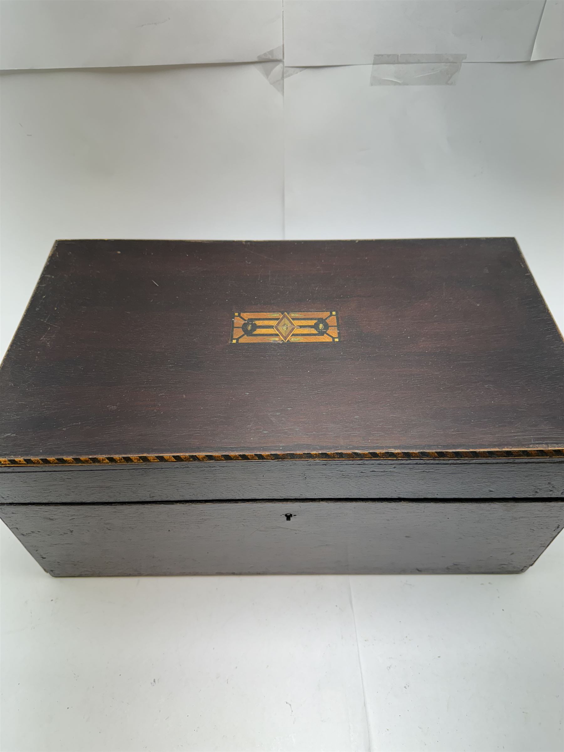 Three inlaid wooden boxes, together with an oak table top cabinet, tallest H42cm