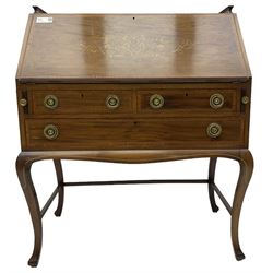 Edwardian inlaid mahogany bureau, raised back over moulded rectangular fall front inlaid with scrolling leafy branches, the interior fitted with drawers, cupboard and pigeon holes, with leather inset writing surface, two short and one long drawer below, inlaid with satinwood bands, on cabriole supports united by plain stretchers 