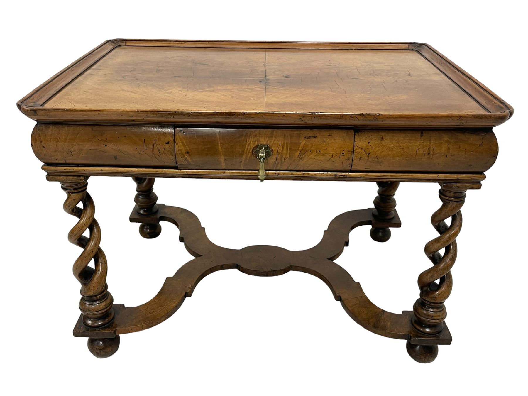 19th century William and Mary design figured walnut lamp or side table, rectangular tray top, cushion frieze fitted with single drawer, raised on open spiral turned supports united by curved x-frame stretcher, on bun feet